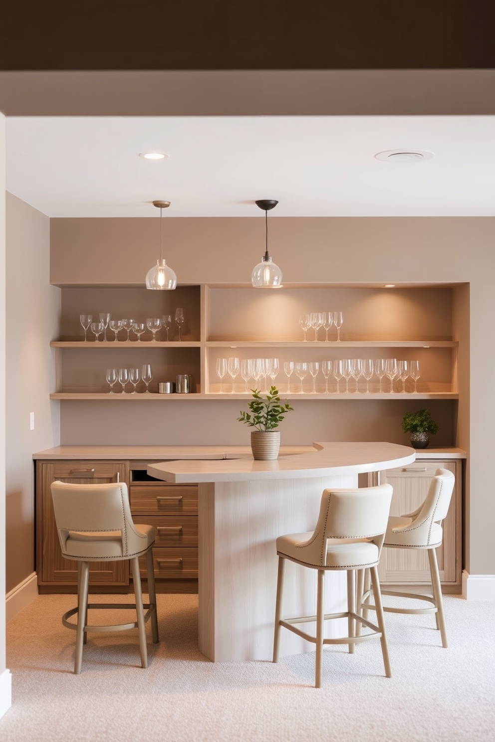 A serene basement dry bar featuring a neutral color palette to create a calming atmosphere. The bar is crafted from light wood with a smooth countertop, complemented by soft beige bar stools and minimalist shelving displaying elegant glassware. The walls are painted in a soft taupe, enhancing the tranquil vibe of the space. Ambient lighting fixtures hang above, casting a warm glow while a small potted plant adds a touch of greenery to the decor.