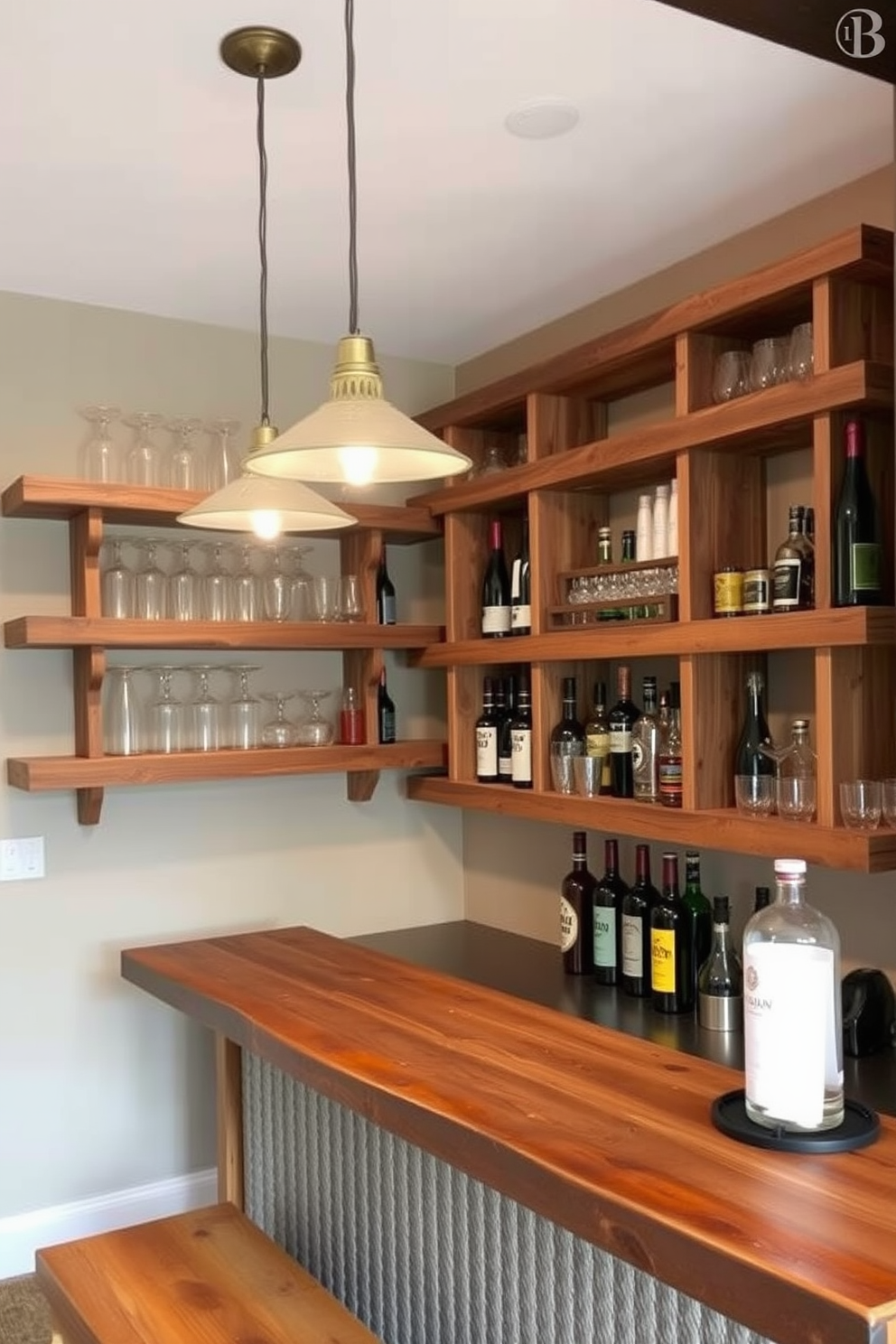 Rustic wood shelves create a warm and inviting atmosphere in a basement dry bar. The shelves are adorned with an assortment of glassware and decorative bottles, enhancing the cozy feel of the space. A reclaimed wood bar top complements the shelves, providing a perfect spot for casual gatherings. Soft pendant lighting hangs above, casting a warm glow that adds to the intimate ambiance of the bar area.