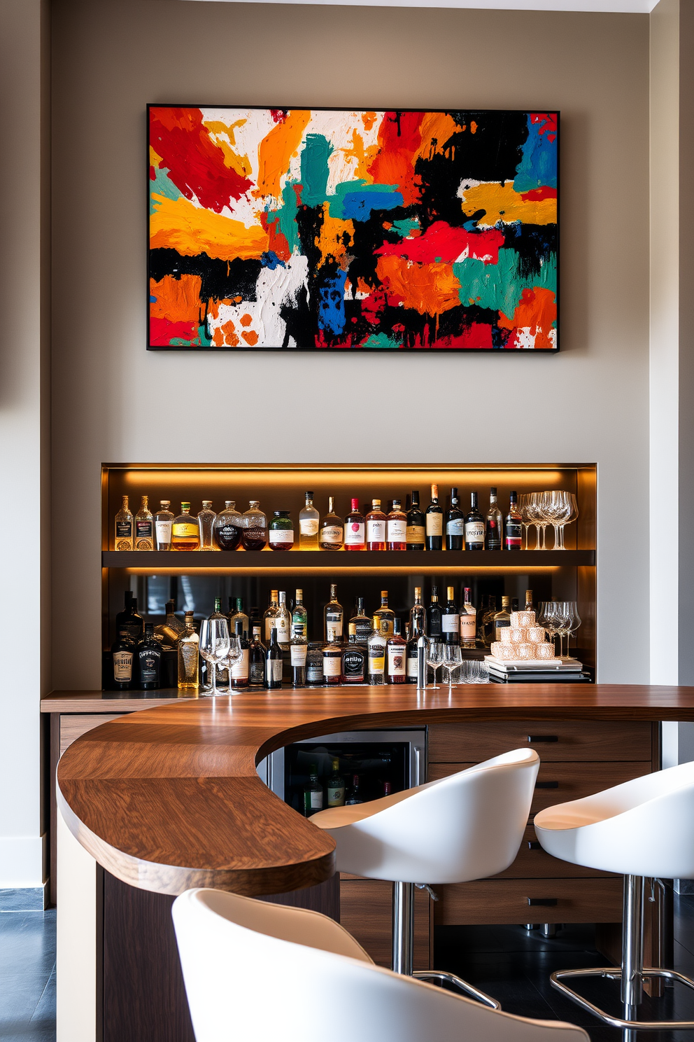 Artistic wall art to enhance decor. A large abstract painting with vibrant colors hangs above a sleek, modern dry bar, creating a focal point in the room. The bar features a polished wooden countertop with stylish bar stools arranged around it. Shelves behind the bar showcase an array of bottles and glassware, illuminated by soft, ambient lighting.