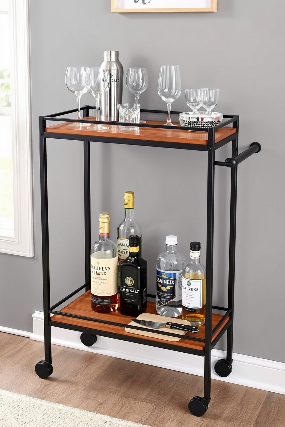 A functional bar cart designed for flexible use in a basement setting. The cart features a sleek black metal frame with wooden shelves, equipped with wheels for easy mobility. The top shelf displays an assortment of glassware and a stylish cocktail shaker. Below, a selection of premium spirits and mixers is neatly organized, while a small cutting board and knife are included for convenience.