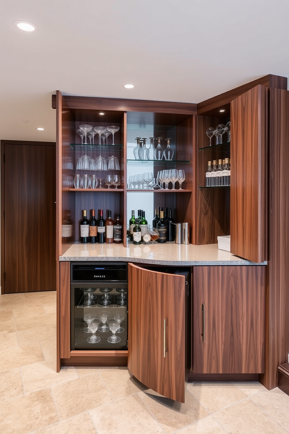 A stylish basement dry bar featuring hidden storage solutions that keep the space organized and clutter-free. The bar counter is made of rich walnut wood, with sleek cabinets concealed behind a minimalist facade to store glassware and bottles out of sight.