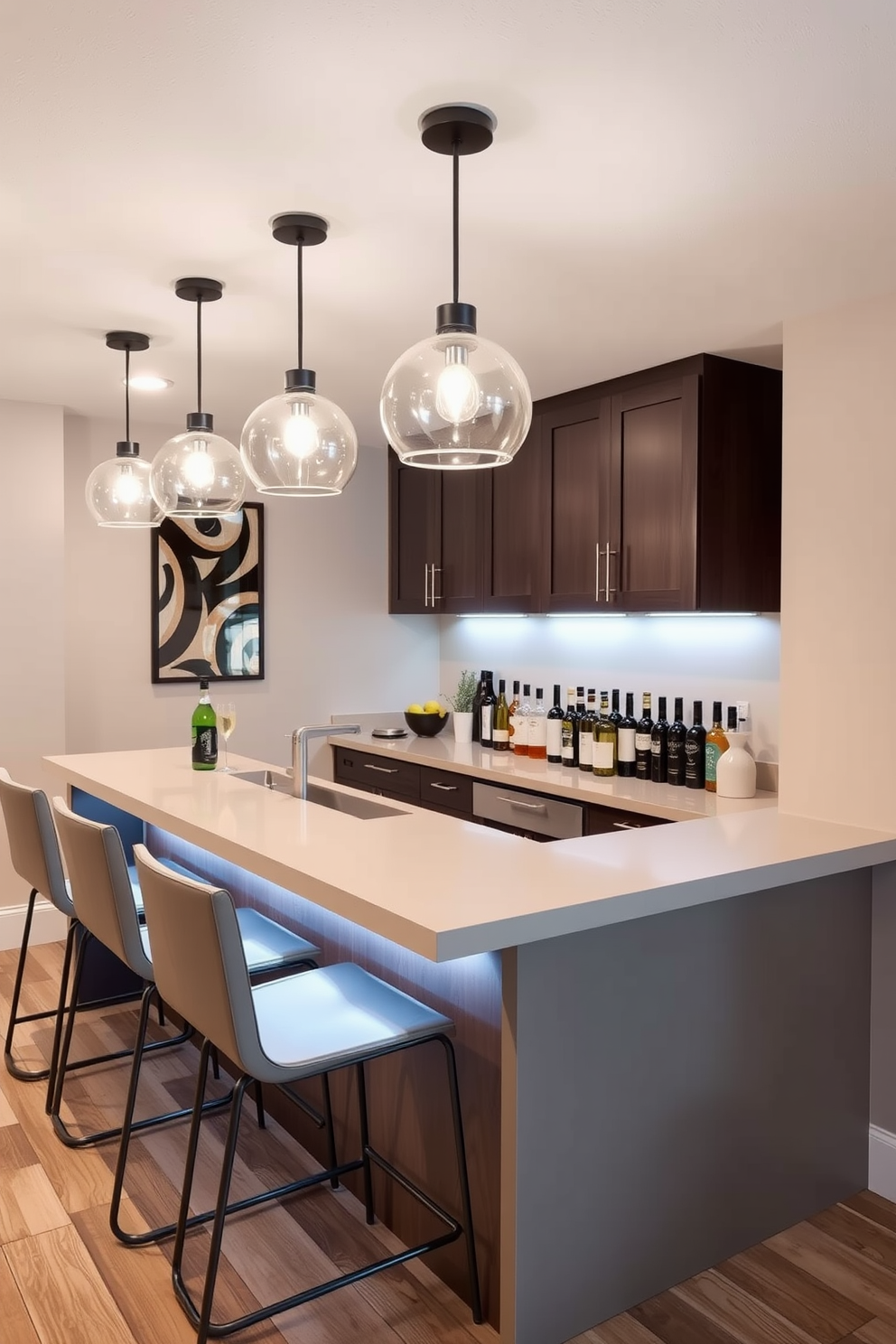 A stylish basement dry bar featuring unique pendant lights that add visual interest to the space. The bar area is designed with a sleek countertop, complemented by contemporary bar stools and an array of decorative bottles on display.