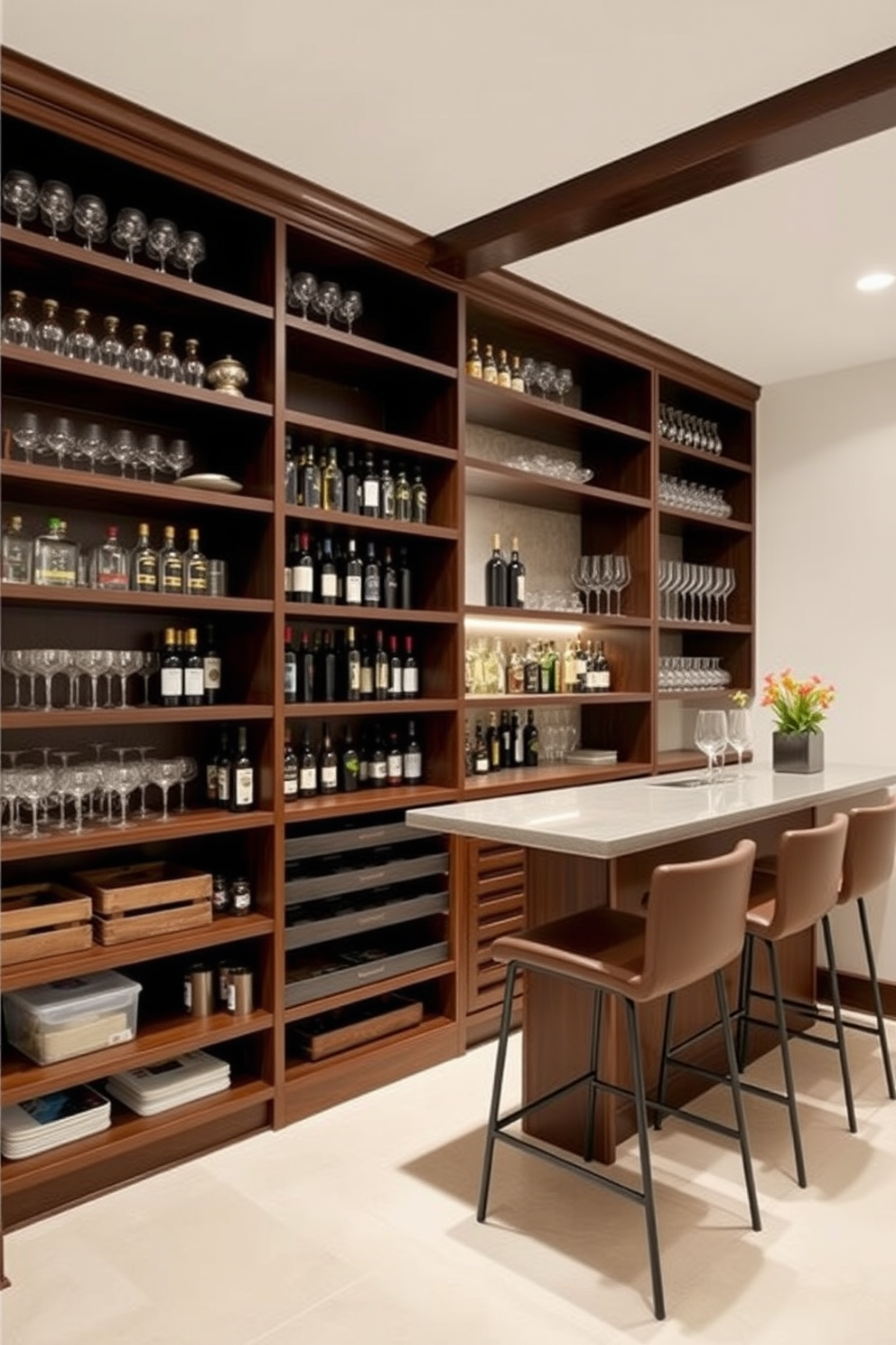 A modern basement dry bar featuring floor-to-ceiling shelving that provides ample storage for bottles and glassware. The shelves are crafted from dark wood, contrasting beautifully with the light-colored walls, and the bar area includes a sleek countertop with stylish bar stools.