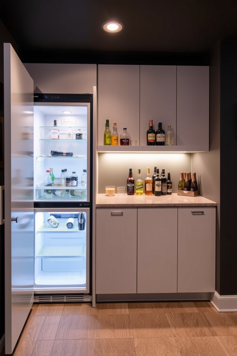 A stylish basement dry bar featuring an integrated fridge for cold beverages. The bar is designed with sleek cabinetry and a polished countertop, complemented by ambient lighting that enhances the inviting atmosphere.