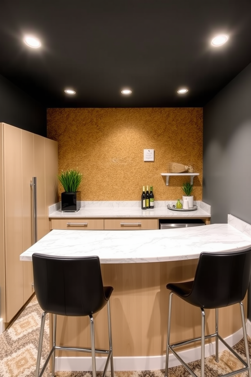 A stylish basement dry bar featuring a cork wall that adds unique texture and warmth to the space. The bar is equipped with sleek cabinetry, a polished countertop, and stylish bar stools for a cozy gathering area.