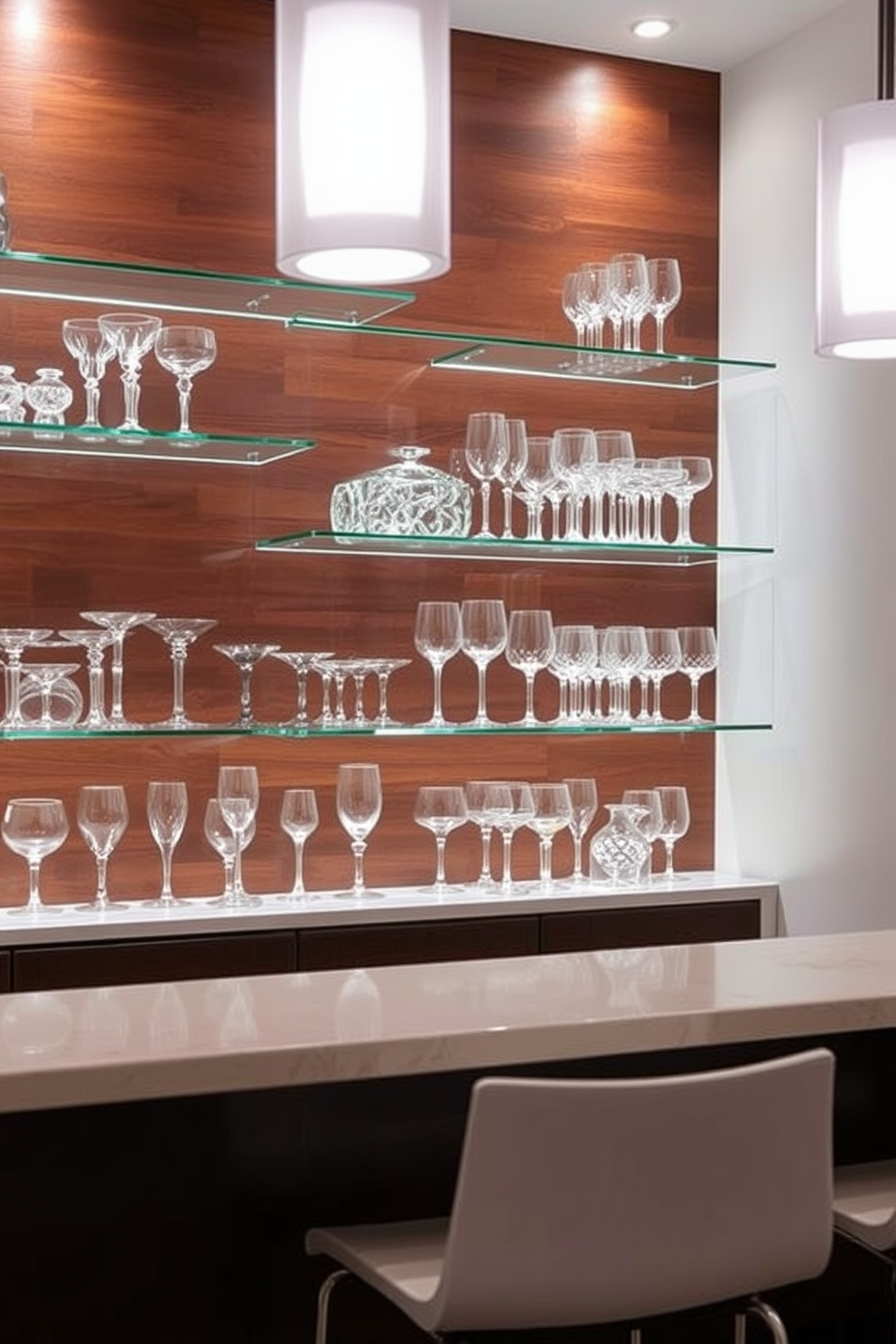 A stylish glassware display showcases an array of crystal and colored glass pieces on sleek floating shelves. The backdrop features a rich wood paneling that adds warmth and sophistication to the space. The basement dry bar is designed with a modern aesthetic, incorporating a polished countertop and minimalist bar stools. Ambient lighting highlights the glassware while creating a welcoming atmosphere for entertaining guests.