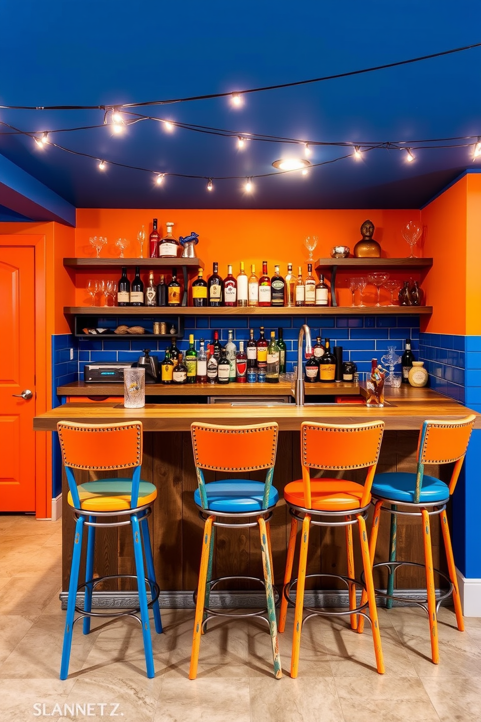 A lively basement dry bar featuring a vibrant color palette with bright blue and orange accents. The bar counter is made of reclaimed wood, complemented by high-top stools with colorful upholstery. On the wall behind the bar, there are shelves displaying an array of liquor bottles and decorative glassware. String lights are hung above, creating a warm and inviting ambiance for entertaining guests.