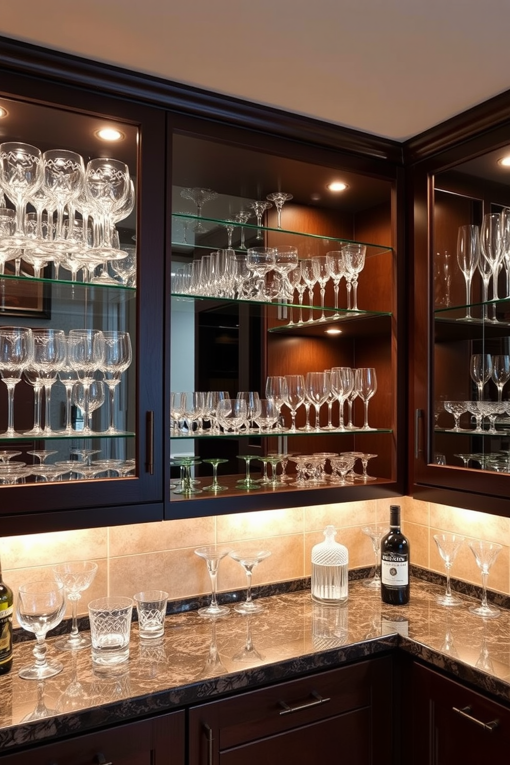 A stylish basement dry bar featuring glass-front cabinets that elegantly showcase an array of glassware. The cabinets are illuminated from within, highlighting the intricate designs of the glass pieces and creating a warm, inviting atmosphere.