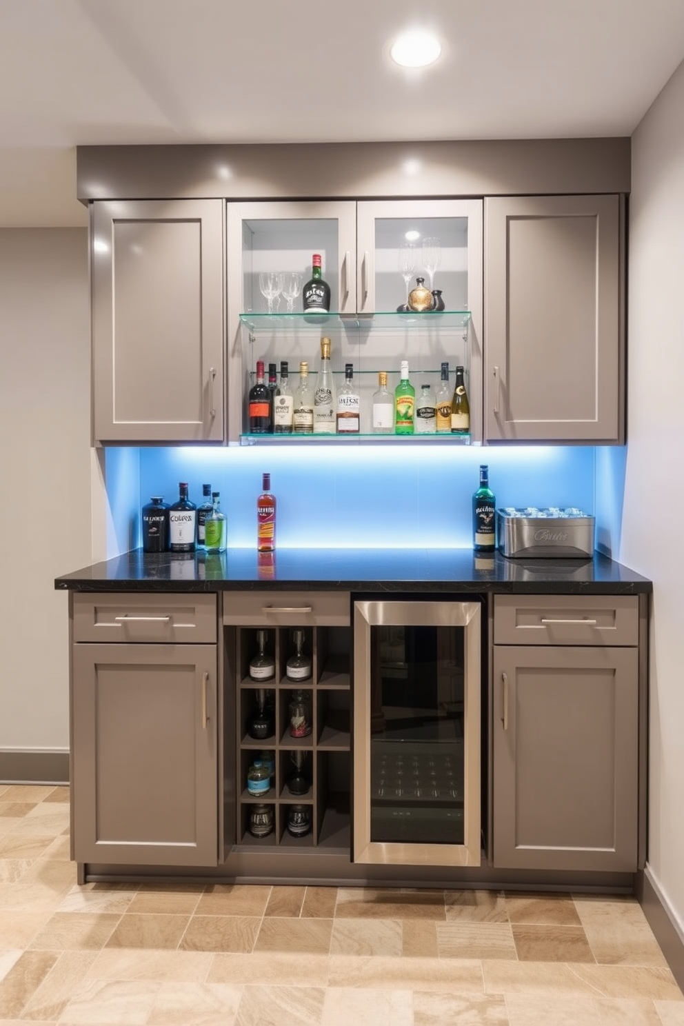 A stylish basement dry bar features a foldable bar top that easily extends and retracts for space-saving convenience. The design incorporates sleek cabinetry with a modern finish, complemented by elegant lighting that highlights the bar area.