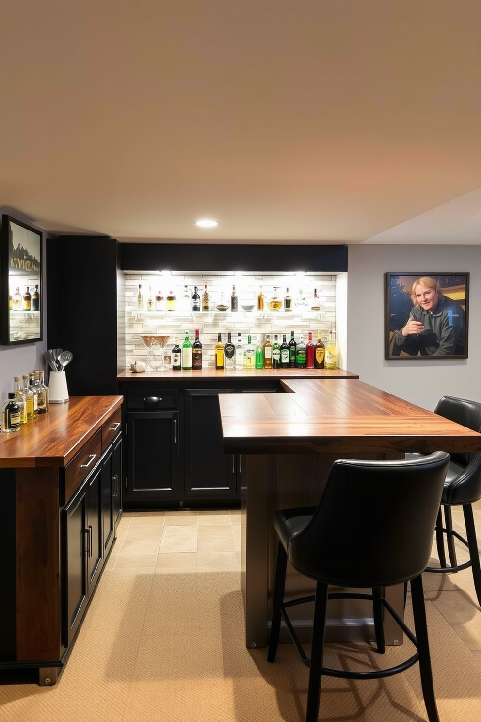 A reclaimed wood bar top adds warmth and character to the basement dry bar. The space features stylish bar stools and ambient lighting to create a welcoming atmosphere.