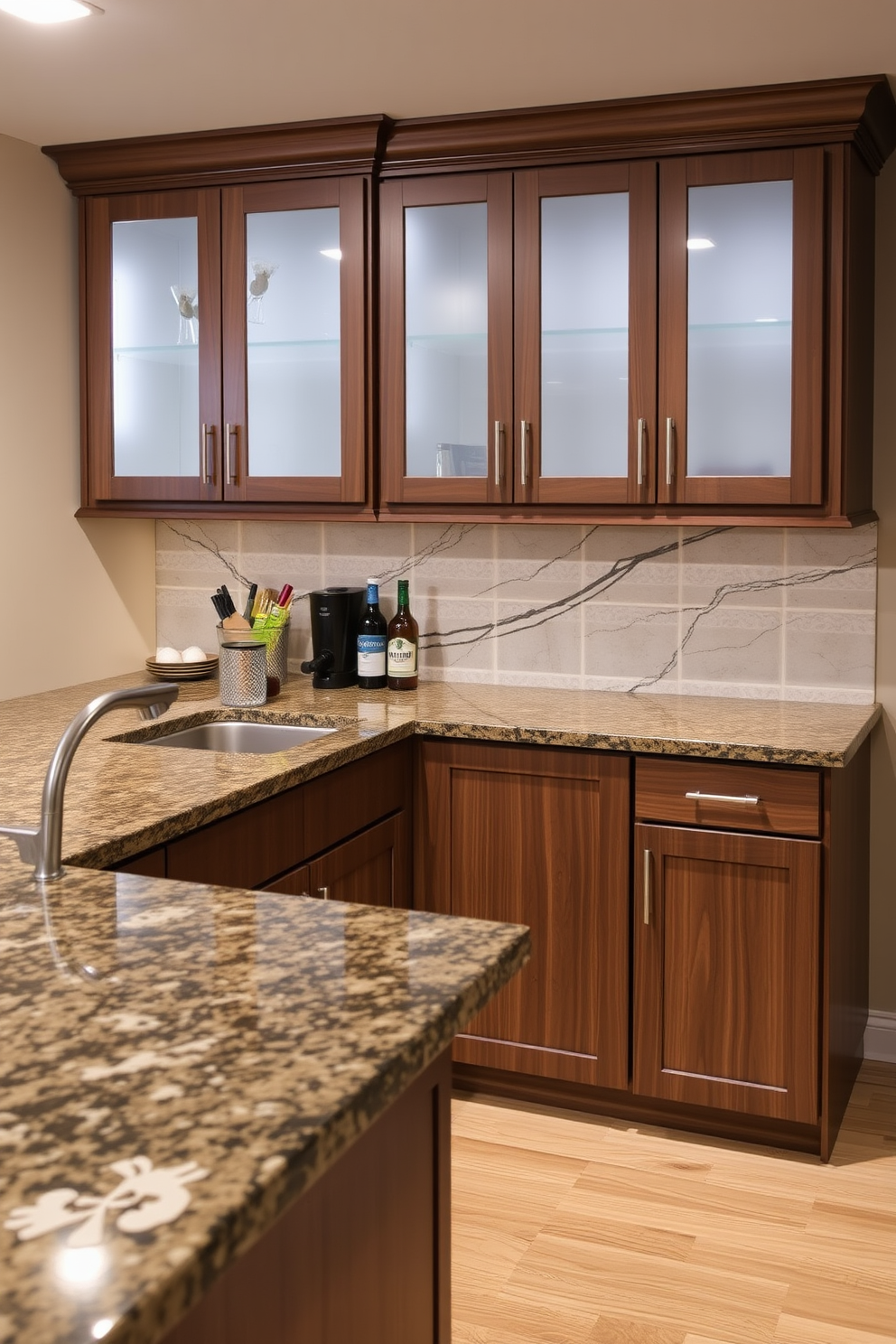 A stylish basement dry bar featuring an integrated sink for easy cleanup. The bar is designed with sleek cabinetry in a rich walnut finish, complemented by a polished granite countertop that offers ample space for mixing drinks.