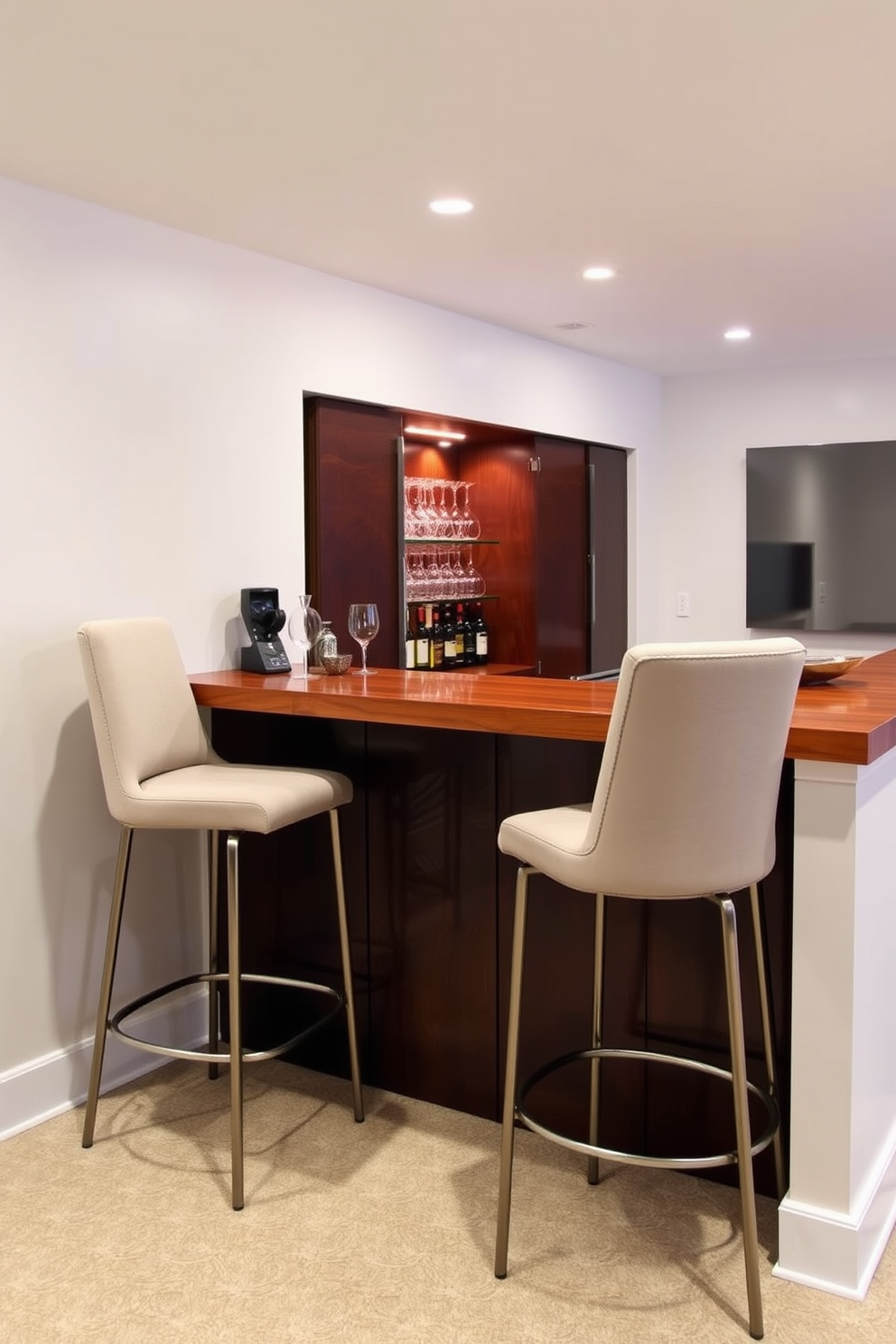 Stylish bar stools with plush upholstery and sleek metal legs create a chic and inviting atmosphere. The basement dry bar features a polished wood countertop with storage for glassware and bottles, complemented by warm ambient lighting.