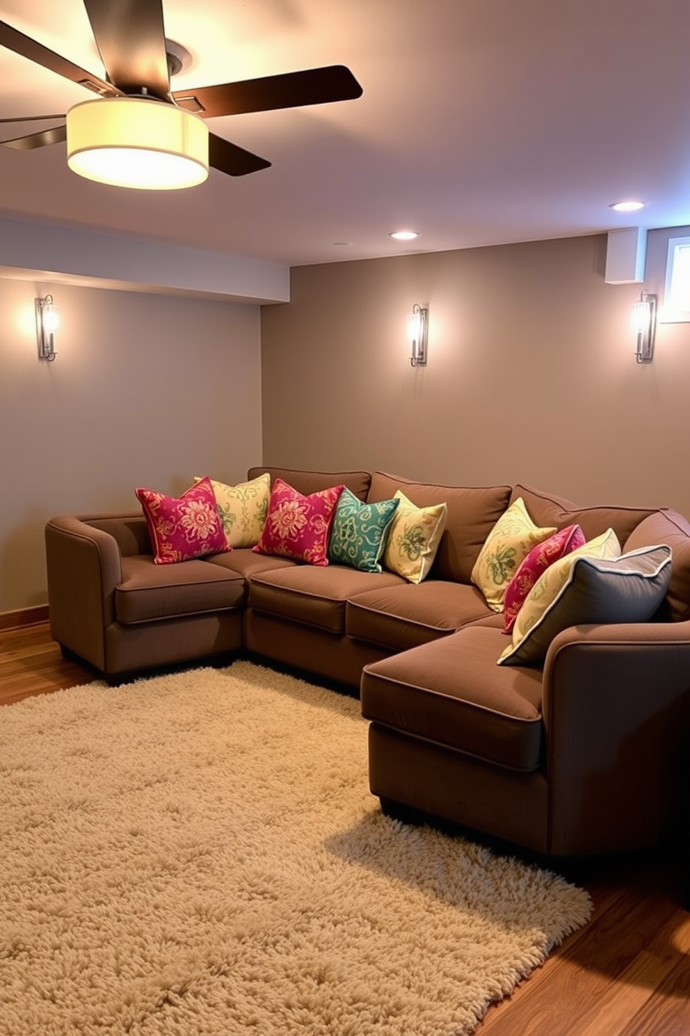 A cozy sectional sofa is positioned in the center of the basement family room, adorned with warm throw blankets in various textures and colors. Soft ambient lighting creates an inviting atmosphere, while a plush area rug anchors the seating area and adds comfort underfoot.