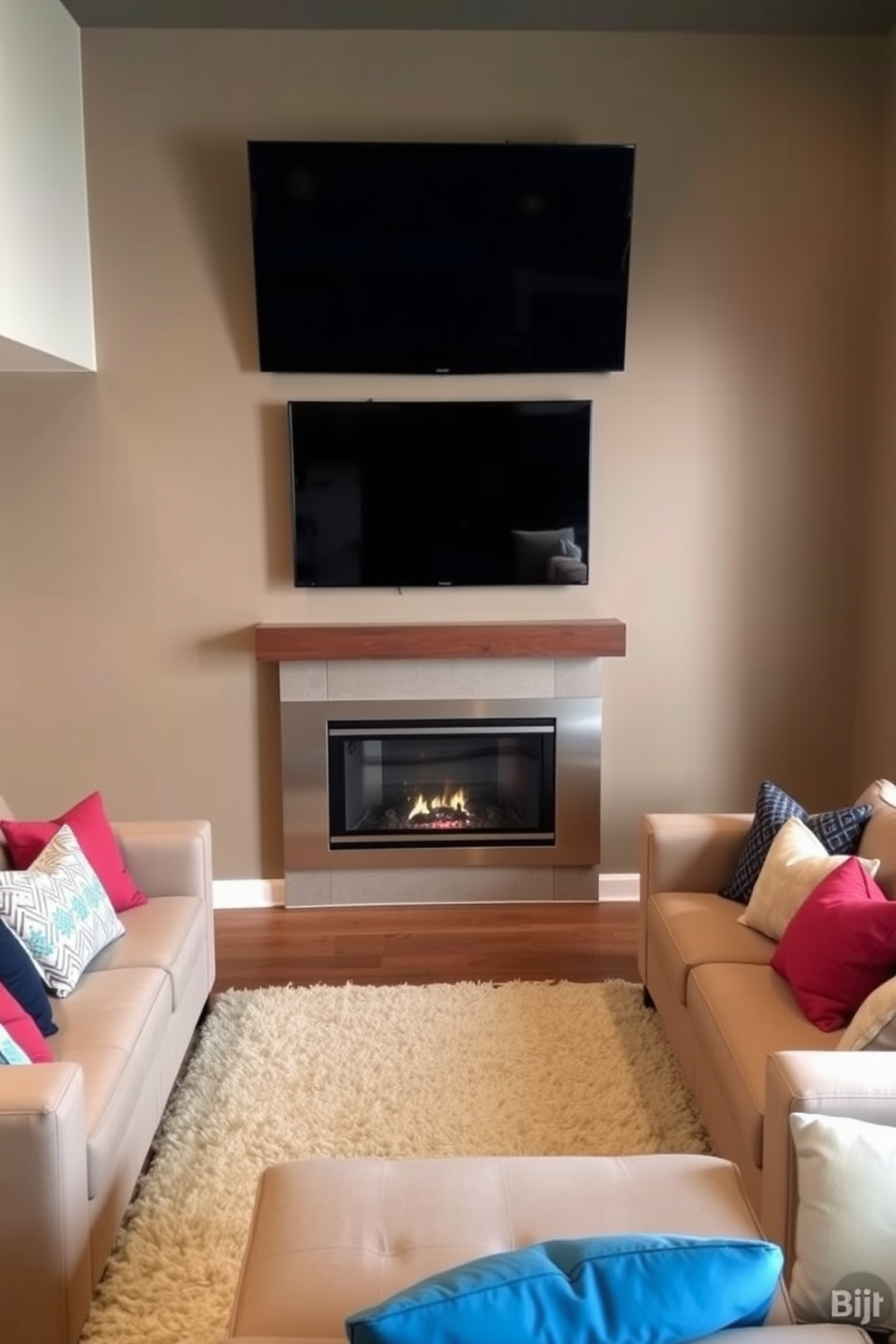 A cozy basement family room features colorful rugs that define different areas for relaxation and play. The space is filled with comfortable seating, including a plush sectional sofa and bean bags, all arranged around a vibrant area rug that adds warmth and character. In one corner, a game table is highlighted by a bold, geometric rug that invites friendly competition. The walls are painted in soft neutrals, allowing the colorful rugs to stand out and create a lively atmosphere.