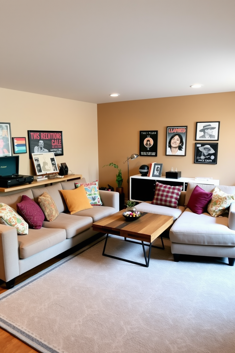 A cozy basement family room featuring a wall-mounted TV above a sleek media console. The console is designed with a combination of open shelving and closed cabinets, providing both style and functionality. The room is adorned with plush seating, including a large sectional sofa and a couple of accent chairs. Soft lighting fixtures create a warm ambiance, enhancing the inviting atmosphere of the space.