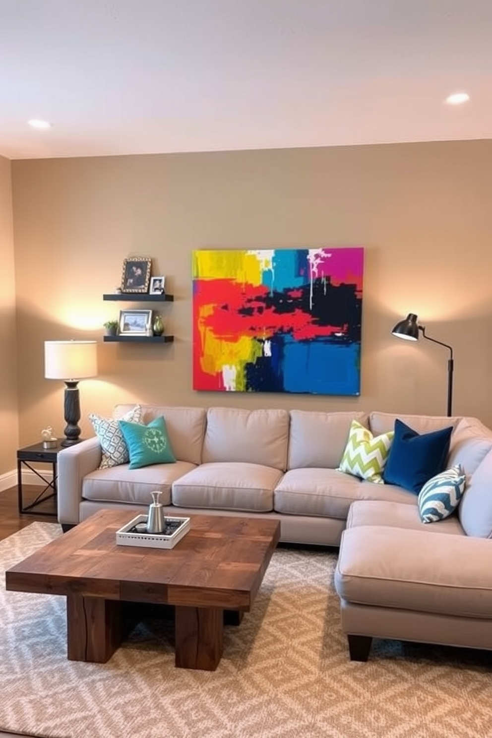 A cozy basement family room featuring padded ottomans arranged around a low coffee table. The walls are painted in a warm taupe color, complemented by soft lighting and a plush area rug underfoot. A large sectional sofa faces a modern entertainment unit, creating an inviting space for relaxation and entertainment. Decorative throw pillows add pops of color, while a few framed family photos adorn the walls.