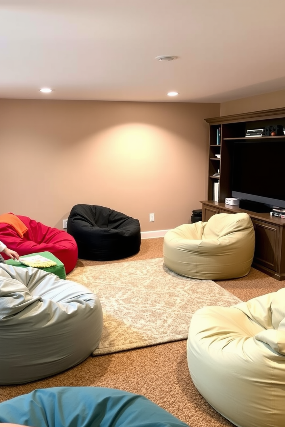 A cozy basement family room filled with natural light from large windows. Plush seating arrangements are complemented by various indoor plants placed strategically around the room to enhance the fresh atmosphere. The walls are painted in a soft neutral tone, creating a warm and inviting space. A large coffee table sits in the center, surrounded by greenery that adds life and vibrancy to the area.