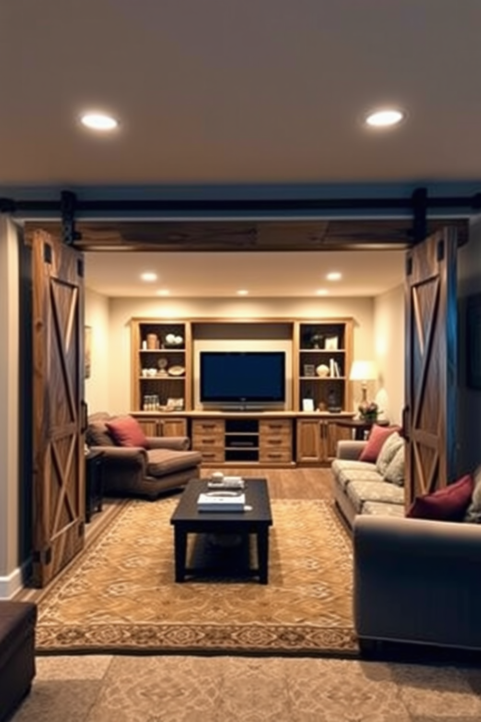 A cozy basement family room featuring a stunning fireplace as the focal point. The fireplace is framed with natural stone and flanked by built-in bookshelves filled with books and decorative items. Comfortable seating arrangements include a large sectional sofa adorned with plush cushions and a soft throw blanket. A rustic coffee table sits in the center, complemented by a warm area rug that adds texture and warmth to the space.