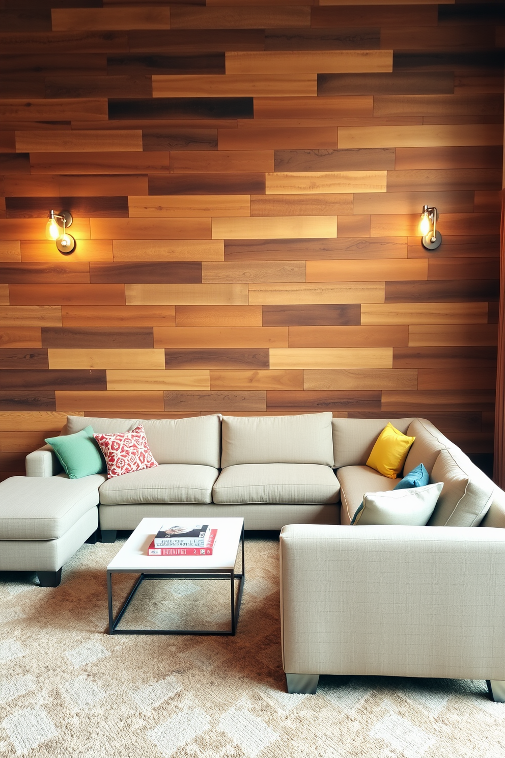 A cozy reading nook featuring a plush armchair upholstered in soft fabric, accompanied by a small wooden side table. A floor lamp with a warm glow stands beside the chair, illuminating a stack of books resting on the table. The basement family room is designed for relaxation and entertainment, featuring a large sectional sofa in a neutral tone. A coffee table sits in the center, surrounded by a soft area rug, while a wall-mounted television adds a modern touch to the space.