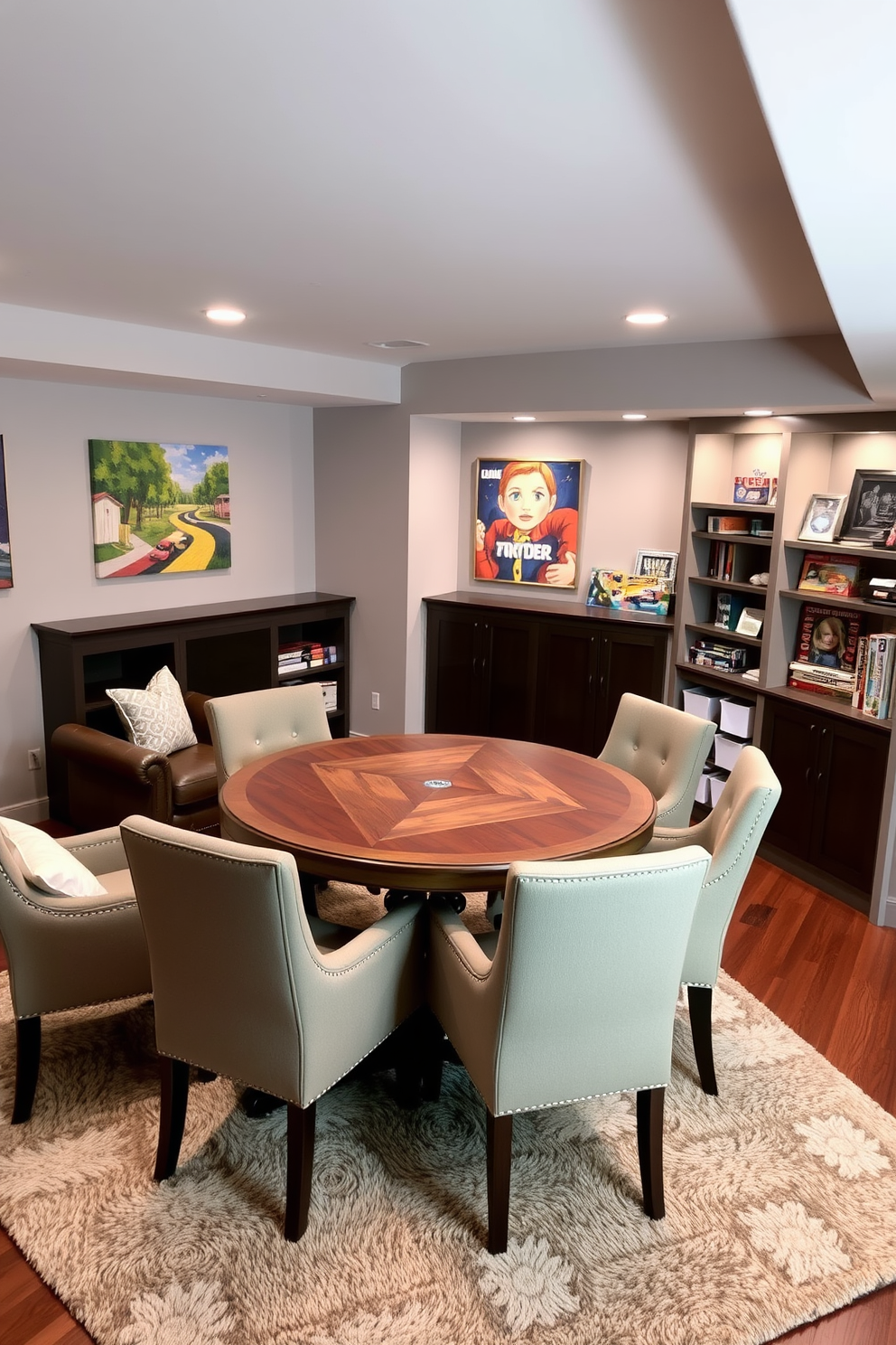 A cozy basement family room features innovative storage solutions cleverly integrated under the stairs. The design includes built-in shelving units that blend seamlessly with the wall, providing both functionality and style while maintaining an open and inviting atmosphere.