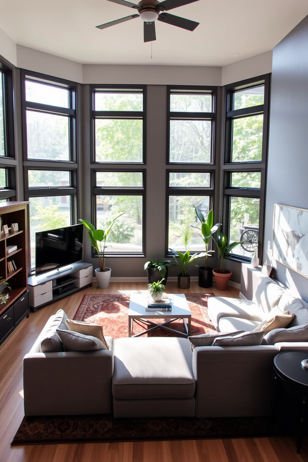 A cozy basement family room featuring vintage furniture that adds character and charm. A plush, patterned area rug anchors the seating area, which includes a distressed leather sofa and a pair of antique armchairs. The walls are adorned with eclectic artwork and shelves filled with books and collectibles. Soft, warm lighting from table lamps creates an inviting atmosphere perfect for family gatherings.