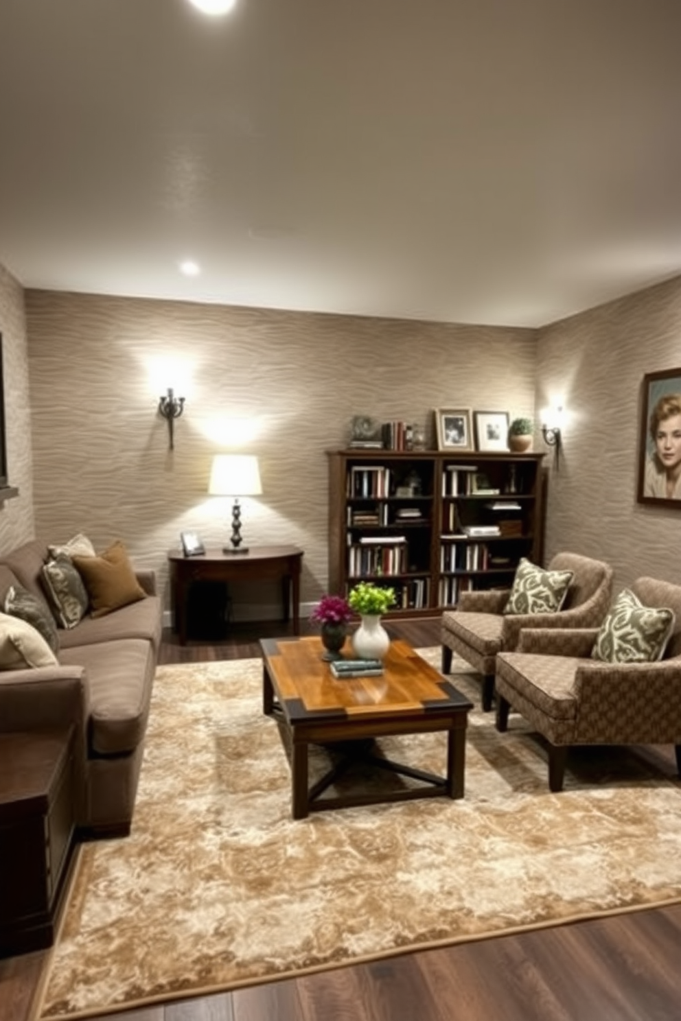 A cozy basement family room features soft area rugs that provide comfort underfoot. The space is designed with inviting seating arrangements, including a plush sectional sofa and oversized armchairs, creating a perfect spot for relaxation and entertainment.