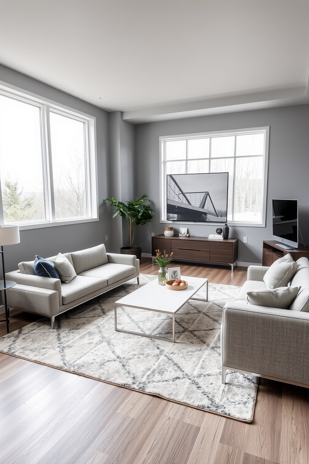 A cozy basement family room designed with a neutral color palette. The walls are painted in soft beige while the furniture features light gray upholstery, creating a calming and inviting atmosphere. A large sectional sofa is positioned around a sleek coffee table made of reclaimed wood. Accent pillows in various textures add warmth, and a plush area rug anchors the seating area.