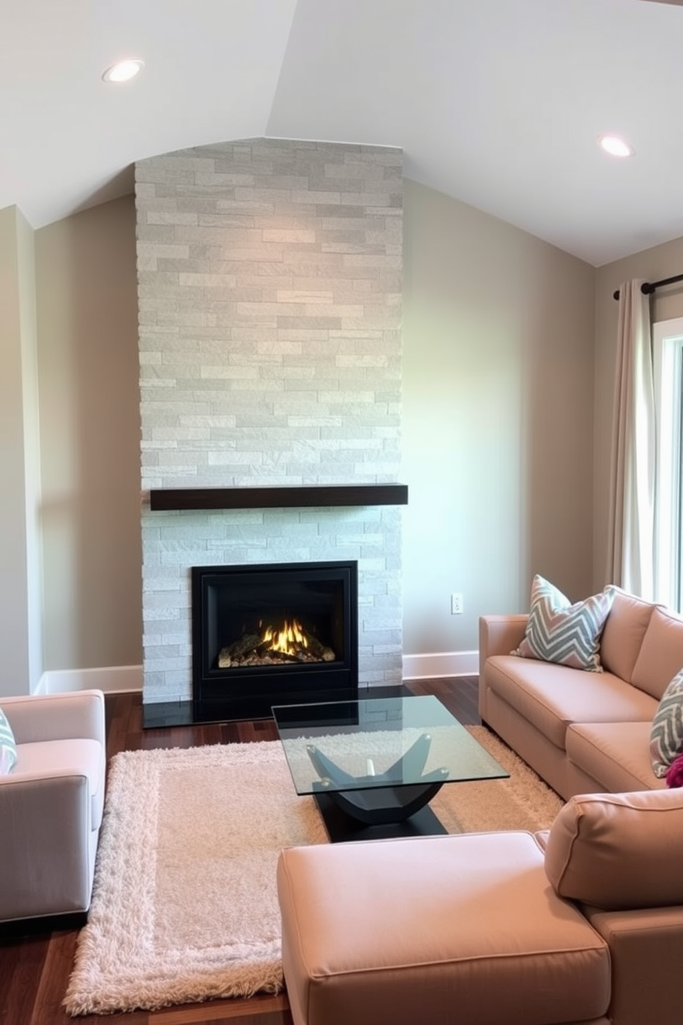 A gallery wall showcasing family memories features an eclectic mix of framed photographs, artwork, and mementos arranged in a harmonious layout. The wall is painted in a soft beige hue to enhance the visual impact of the colorful frames and cherished memories. The basement family room is designed with a cozy ambiance, featuring a plush sectional sofa in a muted gray tone. A large area rug anchors the space, while a media console holds a flat-screen TV, surrounded by built-in shelves displaying books and decorative items.