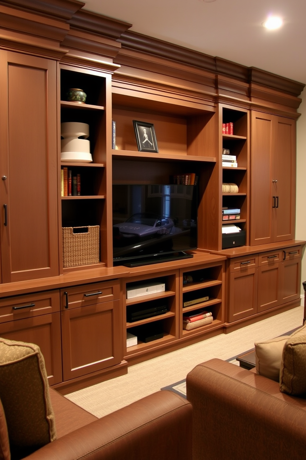 A cozy craft corner designed for hobbies and projects. The space features a large wooden table surrounded by colorful storage bins and shelves filled with art supplies. The basement family room is a warm and inviting space. It includes a plush sectional sofa, a large flat-screen TV, and a coffee table surrounded by soft area rugs.