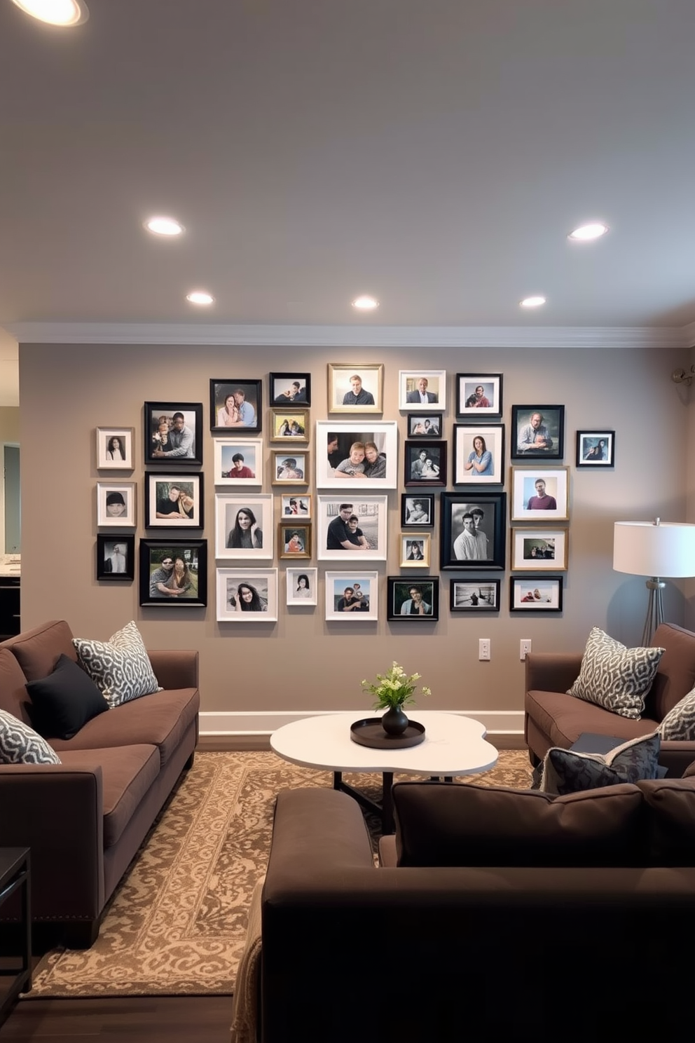 A cozy basement family room designed for productivity features a large L-shaped sectional sofa in soft gray upholstery. A sleek wooden desk is positioned near a window, providing natural light for work, with stylish shelves above filled with books and decorative items. The walls are painted in a warm beige tone, creating an inviting atmosphere. A plush area rug anchors the seating area, while ambient lighting from modern floor lamps enhances the room's comfort and functionality.