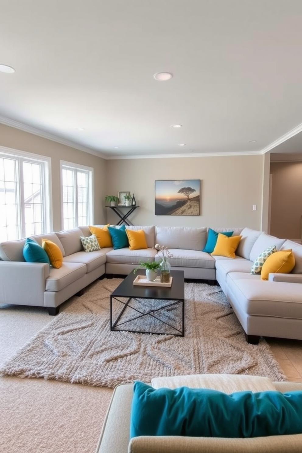 A cozy basement family room featuring built-in shelves that provide ample storage and display space for books and decorative items. The shelves are crafted from reclaimed wood, adding warmth to the space, while a plush sectional sofa invites relaxation in front of a modern media console.