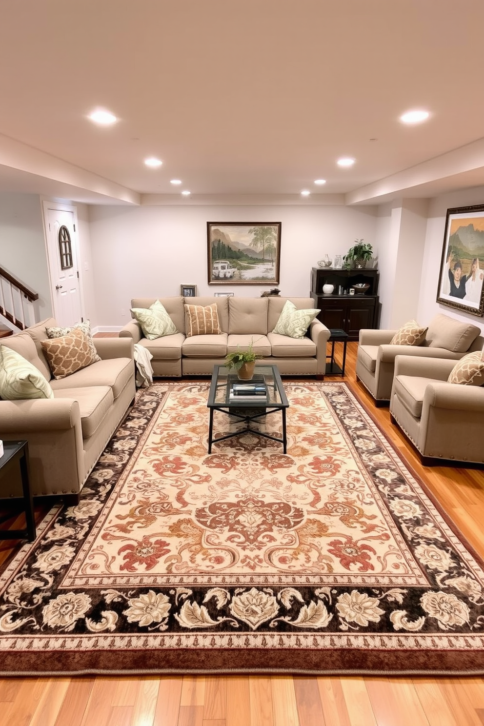 A cozy basement family room featuring soft lighting from stylish floor lamps and elegant sconces. The walls are painted in a warm beige tone, and a plush sectional sofa is arranged around a modern coffee table. A large area rug anchors the seating area, adding texture and warmth to the space. Shelves filled with books and decorative items line the walls, creating an inviting atmosphere for relaxation and entertainment.