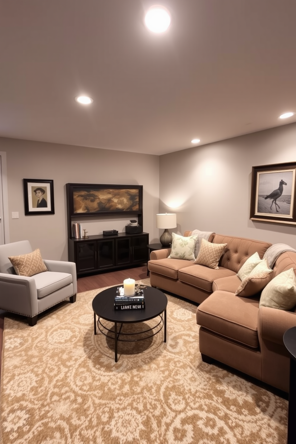 A cozy home theater setup featuring plush leather recliners arranged in a semi-circle facing a large screen. The walls are painted a deep navy blue, and soft ambient lighting enhances the cinematic atmosphere. In the basement family room, a large sectional sofa is positioned around a rustic coffee table. A built-in bookshelf filled with books and decorative items adds warmth to the space, while a plush area rug anchors the seating area.