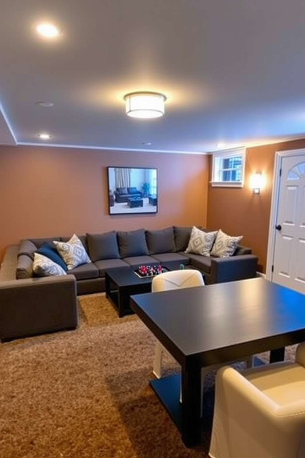 A cozy sectional sofa is positioned in the center of the basement game room, surrounded by plush throw pillows for added comfort. A stylish game table with a sleek design is placed nearby, inviting friends and family to enjoy board games and card games together. The walls are painted in a warm, inviting color, enhancing the cozy atmosphere of the space. Soft ambient lighting fixtures create a relaxed vibe, perfect for entertaining or enjoying a quiet evening in.