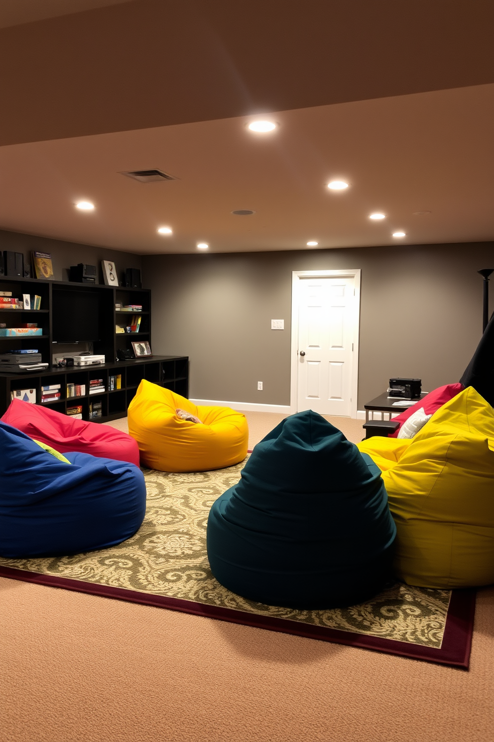 Comfortable bean bags in vibrant colors are scattered throughout the basement game room, creating a relaxed and inviting atmosphere. The walls are painted a warm gray, and soft lighting enhances the cozy feel, making it perfect for game nights with friends and family. A large area rug anchors the seating area, adding texture and warmth to the space. Shelves filled with board games and video game consoles line one side of the room, while a wall-mounted TV provides entertainment for all ages.