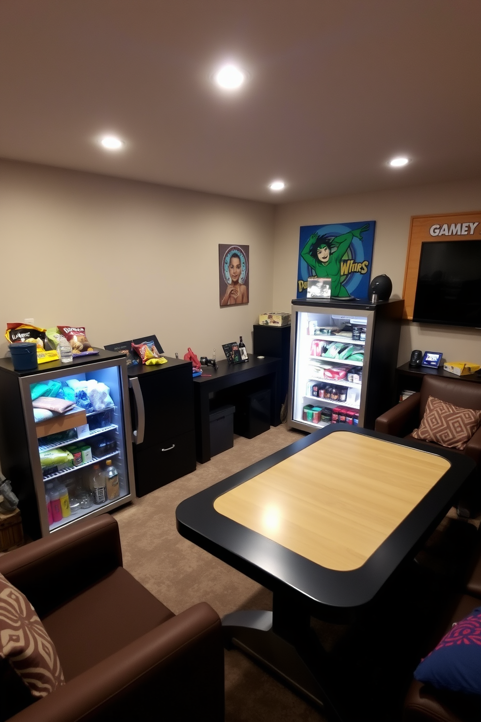 A cozy basement game room featuring a mini fridge stocked with an assortment of snacks and drinks. The room is designed with comfortable seating, a large gaming table, and vibrant wall art to create an inviting atmosphere.