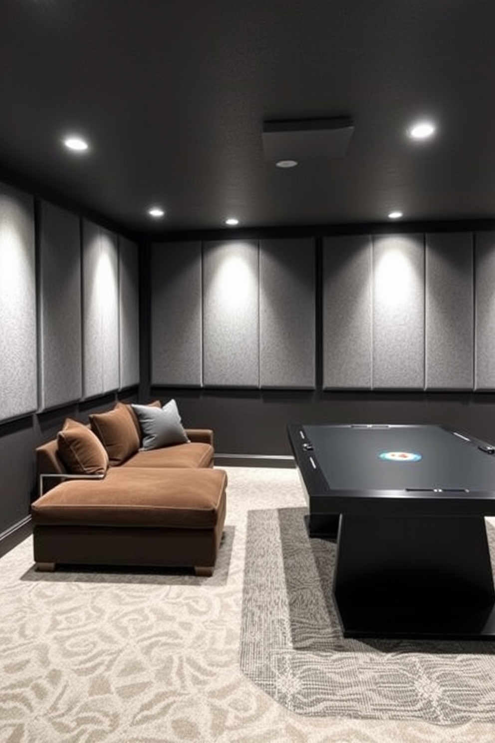 A stylish basement game room designed for quiet enjoyment features soundproofing panels on the walls, ensuring a serene atmosphere. The space is furnished with a plush sectional sofa and a sleek gaming table, creating a perfect setting for relaxation and entertainment.