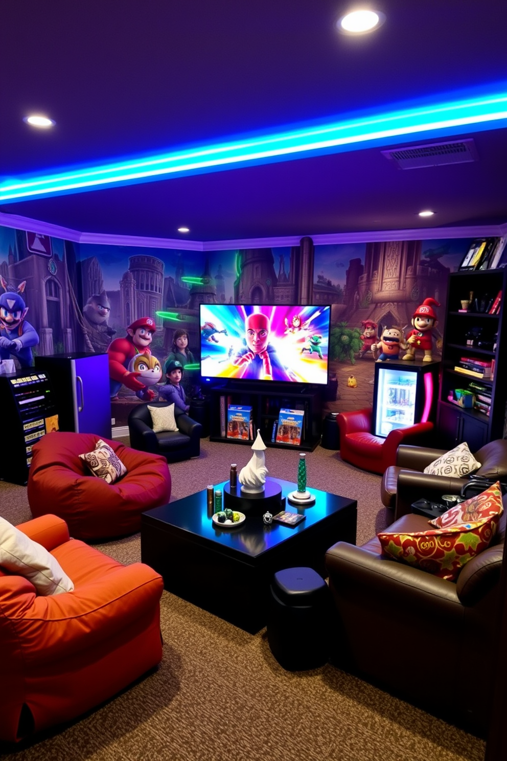 A basement game room designed around a favorite game theme features vibrant wall murals depicting iconic scenes and characters. The space is filled with comfortable seating, including bean bags and lounge chairs, arranged around a central coffee table adorned with game-related decor. A large gaming console sits against one wall, flanked by shelves filled with board games and collectibles. Ambient lighting in playful colors enhances the atmosphere, while a mini-fridge stocked with snacks and drinks adds convenience for long gaming sessions.