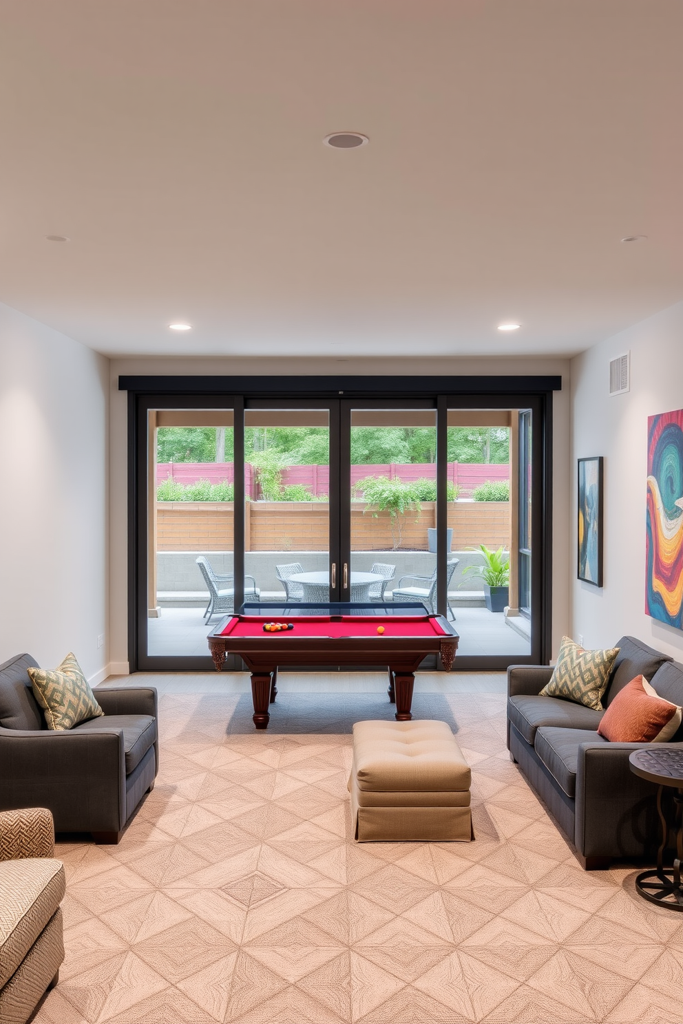 A spacious basement game room featuring large sliding glass doors that open to an outdoor patio. The room is designed with comfortable seating, a pool table, and vibrant wall art to create an inviting atmosphere.