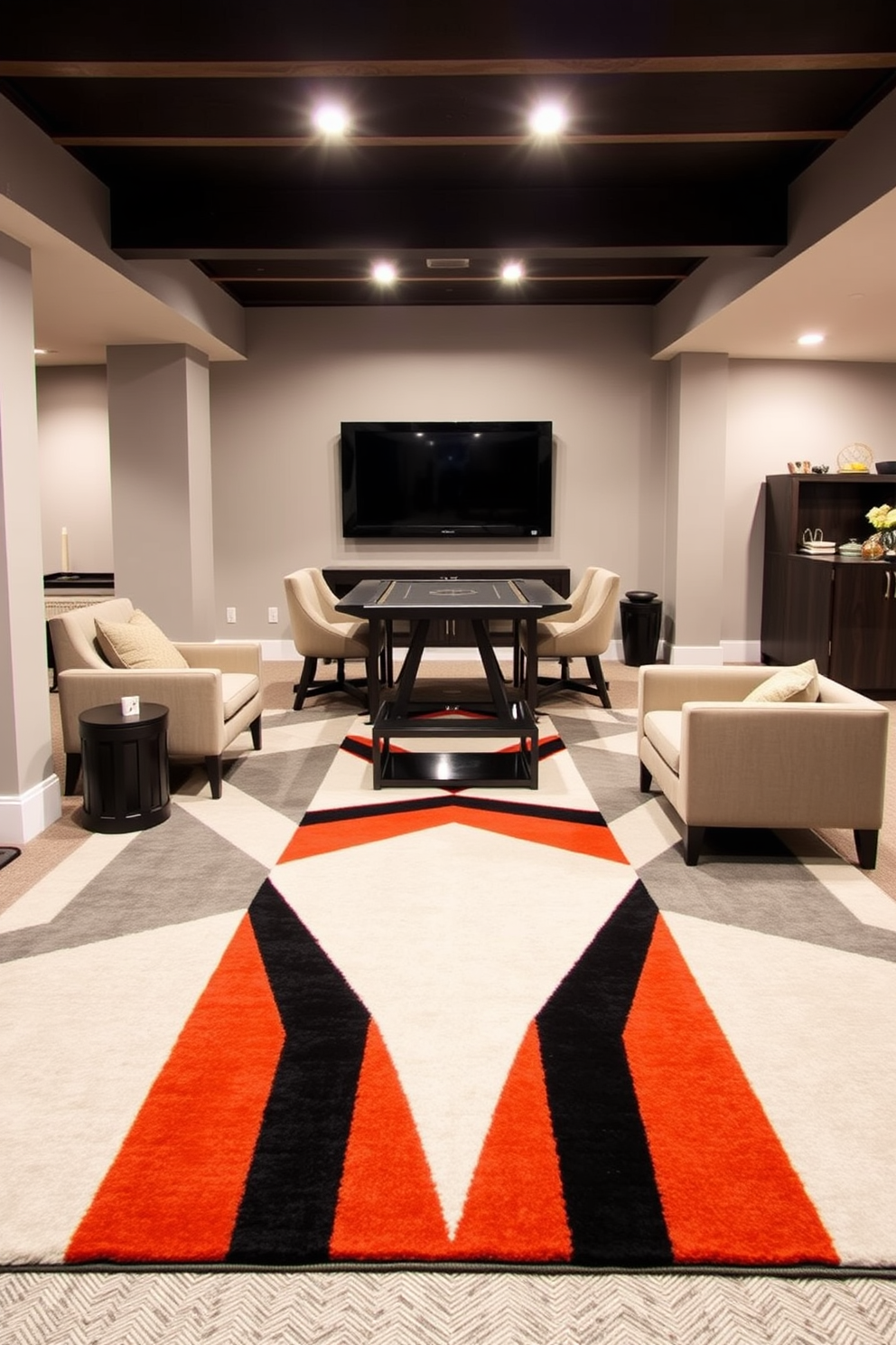 A large area rug anchors the gaming space in the basement, featuring a bold geometric pattern that adds visual interest. The rug is placed under a sleek gaming table surrounded by comfortable chairs, creating an inviting atmosphere for friends and family to gather.