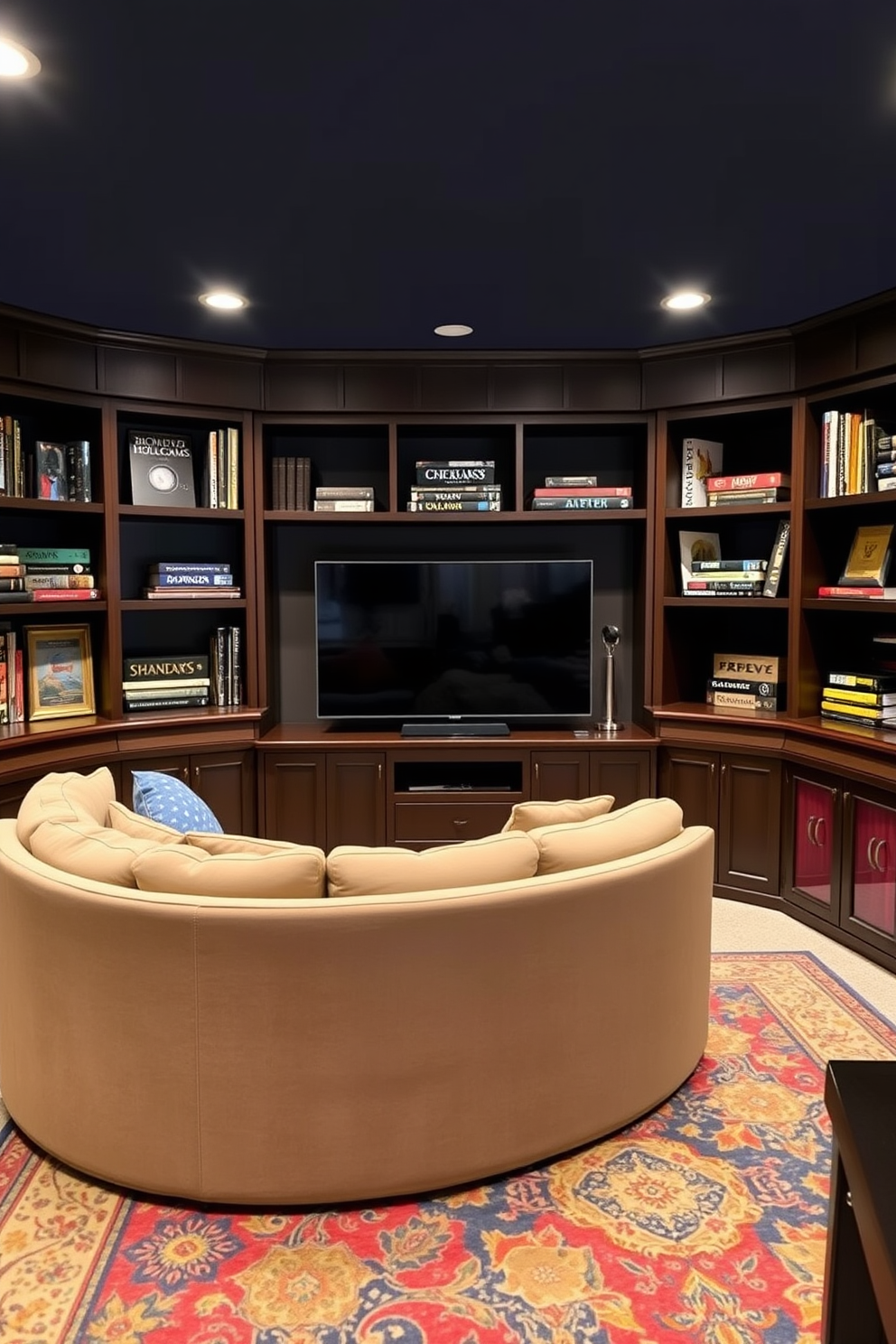 A stylish basement game room featuring built-in shelves for display and storage. The walls are painted in a deep navy blue, and the shelves are crafted from dark wood, showcasing an array of board games and decorative items. A plush sectional sofa is positioned in front of a large flat-screen TV, creating a cozy viewing area. Soft ambient lighting highlights the shelves, while a vibrant area rug adds warmth to the space.