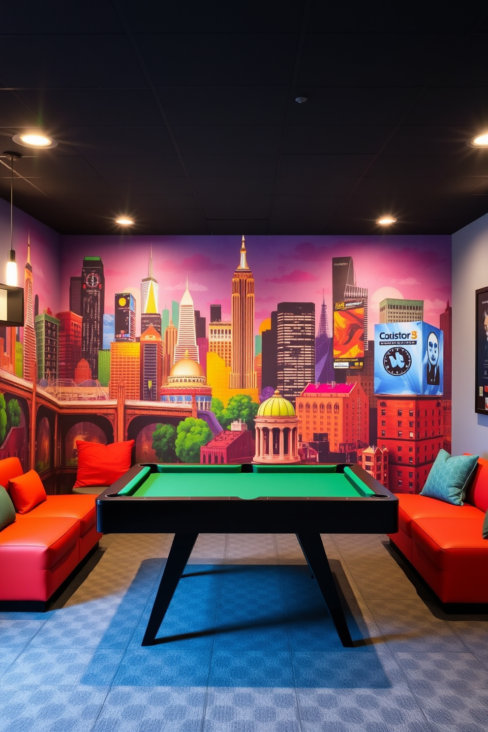 An interactive wall mural depicting a vibrant city skyline serves as the focal point of the basement game room. The mural features dynamic colors and textures that invite engagement and creativity, enhancing the overall atmosphere. The space includes a sleek pool table positioned centrally, surrounded by comfortable seating in bold hues. Ambient lighting fixtures are strategically placed to highlight the mural while providing a cozy yet energetic vibe for game nights.