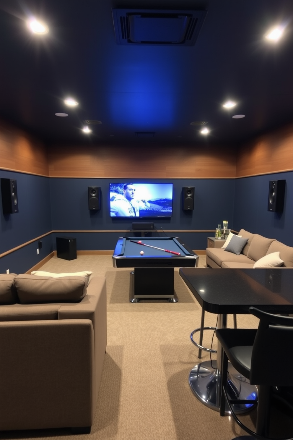 A stylish basement game room featuring an integrated sound system for an immersive experience. The space includes a large sectional sofa facing a wall-mounted flat-screen TV, with speakers strategically placed around the room. The walls are painted in a deep navy blue, complemented by warm wooden accents and ambient lighting. A sleek pool table occupies the center of the room, surrounded by bar stools and a mini-fridge for refreshments.