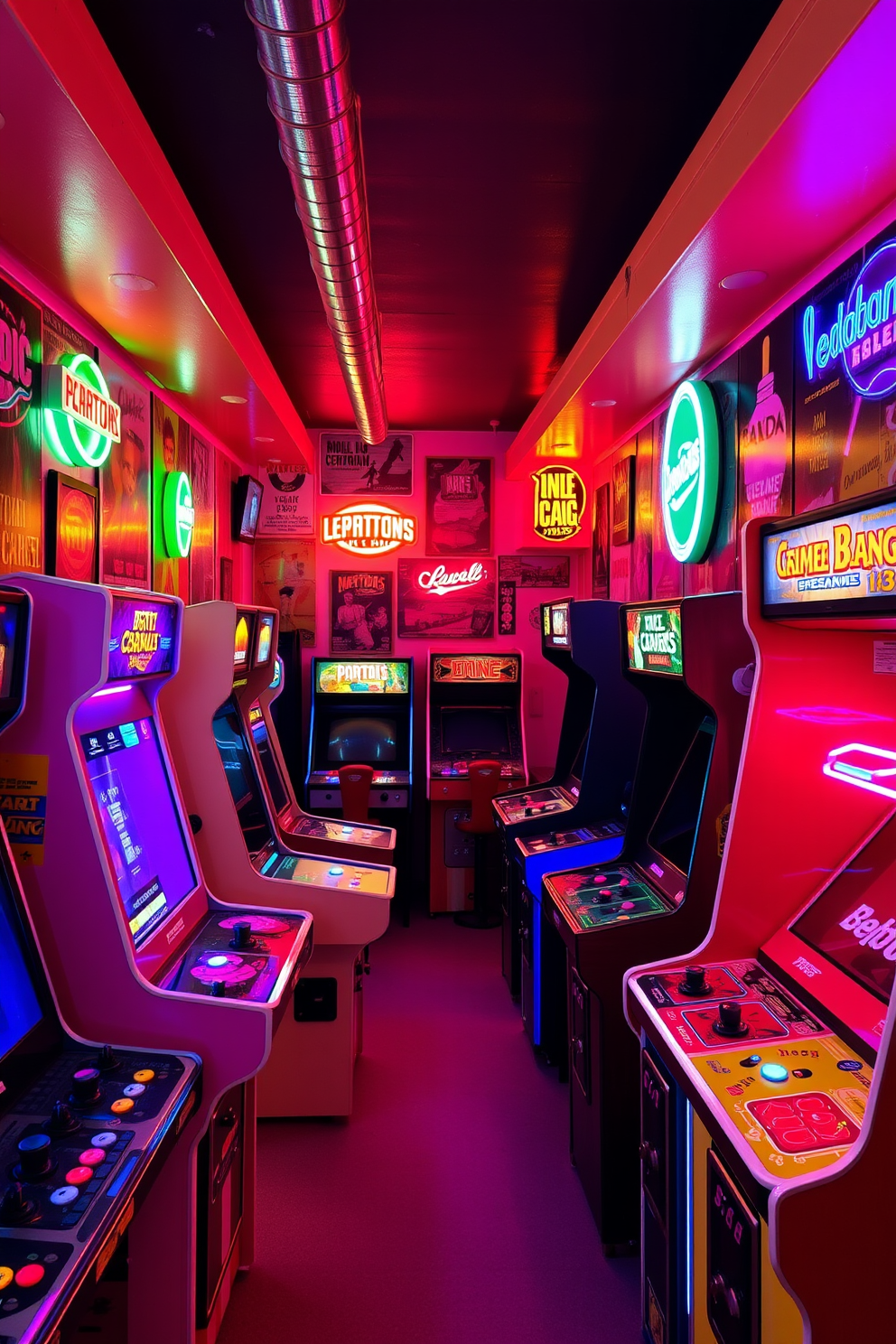 A vibrant basement game room filled with colorful arcade machines that evoke a vintage vibe. The walls are adorned with retro posters and neon signs, creating a lively atmosphere perfect for gaming and entertainment.