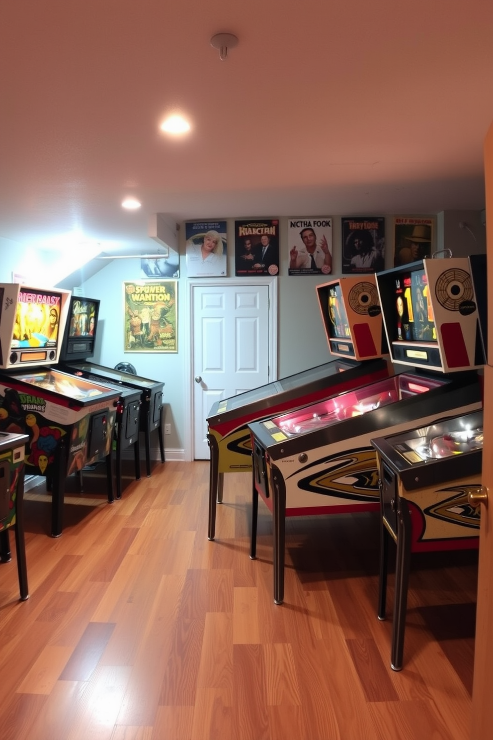 A cozy basement game room featuring vintage pinball machines arranged against a wall adorned with retro posters. The flooring is a rich hardwood, complemented by soft ambient lighting that highlights the colorful machines and creates a welcoming atmosphere.