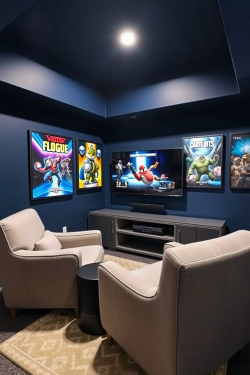 A cozy game console corner features two plush armchairs upholstered in soft fabric, positioned at an angle for optimal viewing. A sleek entertainment unit holds the game console and a large flat-screen TV mounted on the wall, with ambient lighting creating a relaxed atmosphere. The walls are painted in a deep navy blue, providing a rich backdrop for the vibrant game posters that adorn them. A patterned area rug lies beneath the chairs, adding warmth and comfort to the basement game room design.