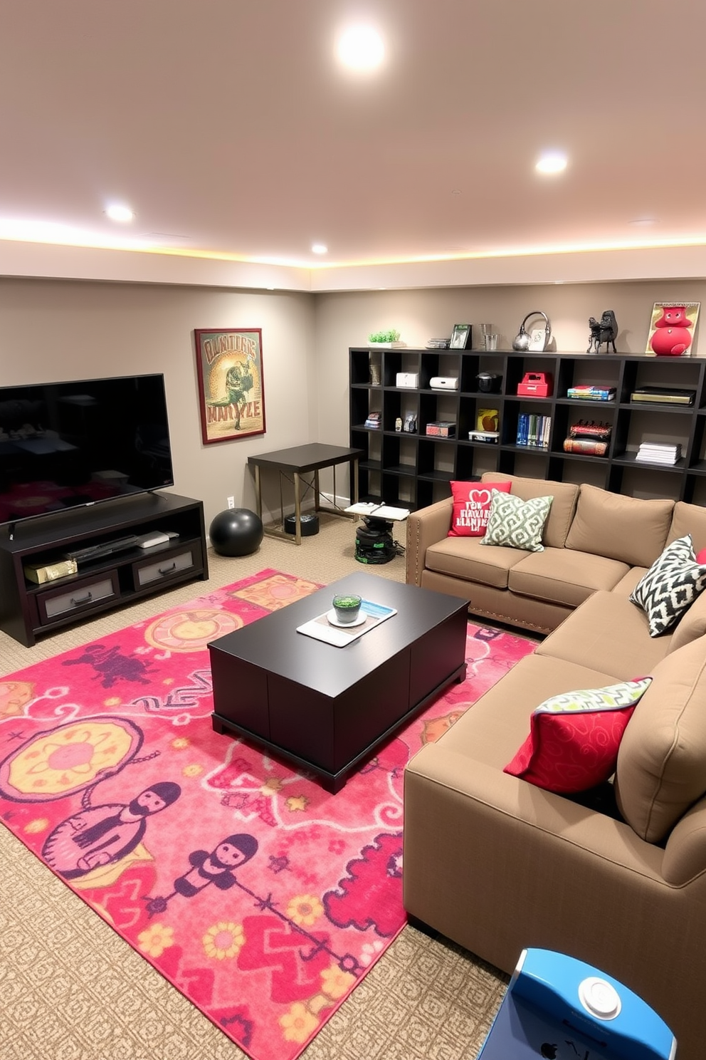 Flexible furniture for a versatile layout in a basement game room features modular seating that can be rearranged to accommodate different activities. The space includes a multi-functional coffee table that doubles as a storage unit, with vibrant area rugs defining distinct zones for gaming and relaxation.