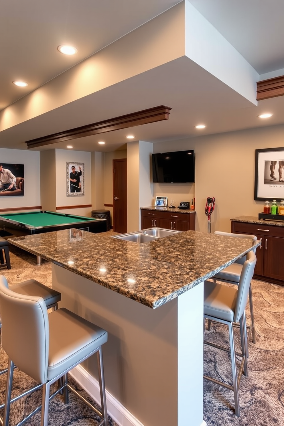 A stylish basement game room featuring a sleek snack bar with a polished granite countertop. Surrounding the bar are modern stools with comfortable cushions, creating a welcoming atmosphere for entertaining guests.