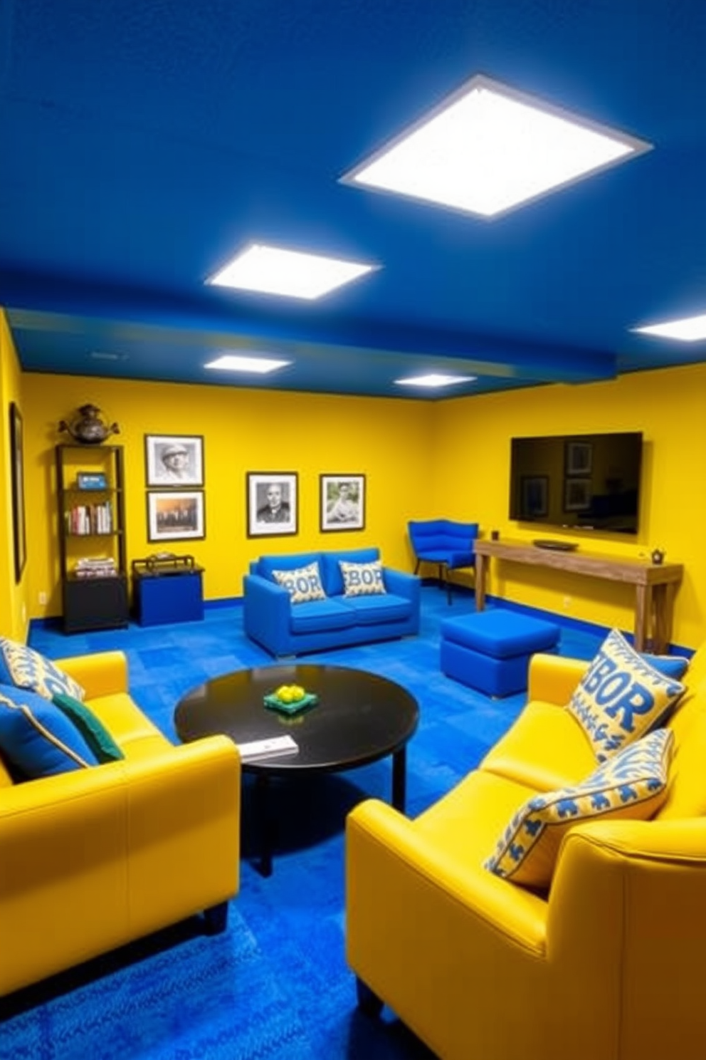 Bright wall colors energize the space in a basement game room designed for fun and relaxation. The walls are painted in a vibrant yellow hue, complemented by bold blue accents in the furniture and decor.