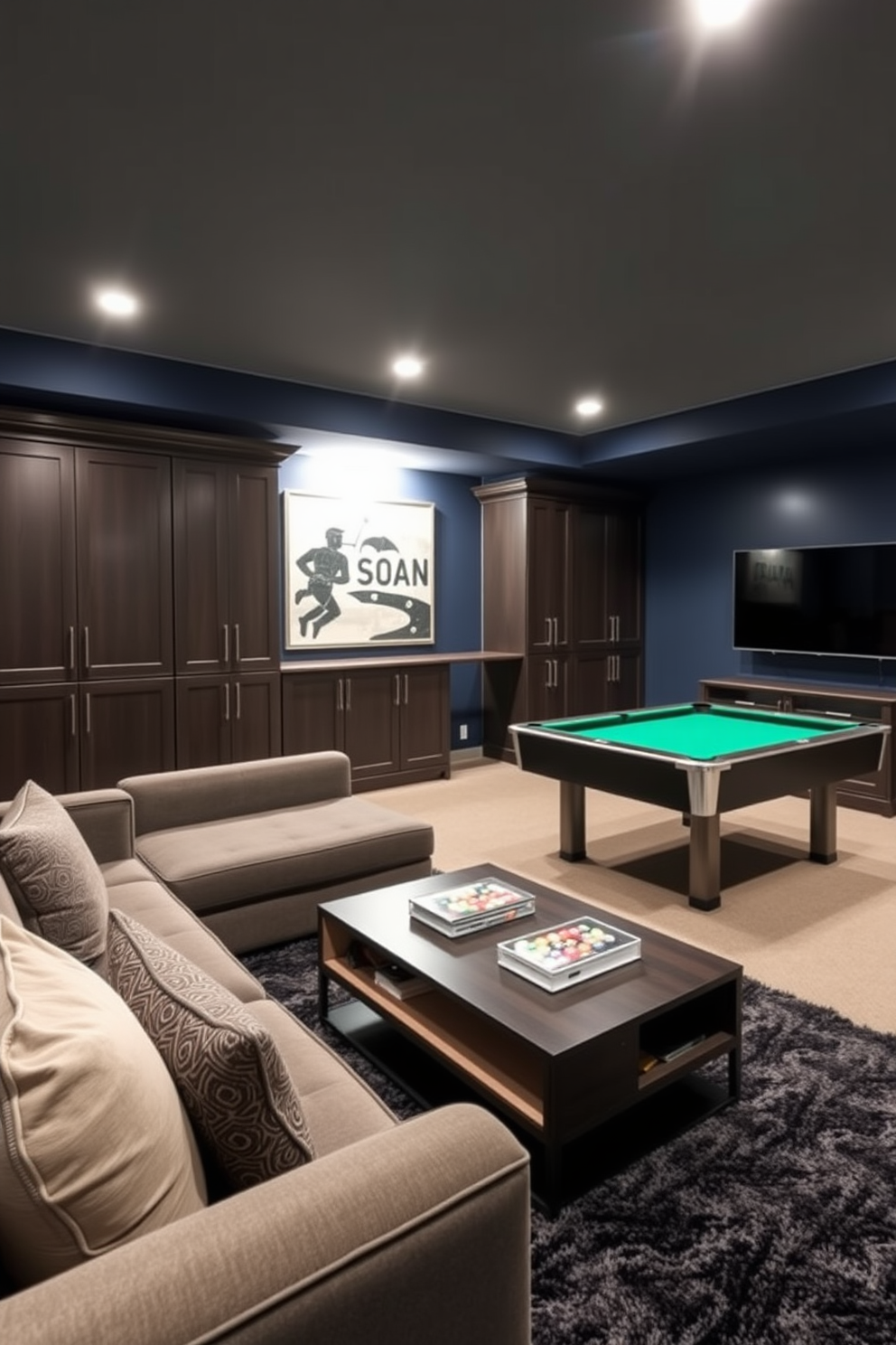 A stylish basement game room featuring clever hidden storage solutions to maintain a clutter-free environment. The room includes a large sectional sofa with built-in compartments, a sleek coffee table that opens to reveal additional storage, and wall-mounted cabinets that blend seamlessly with the decor. The walls are painted in a deep navy blue, creating a cozy atmosphere, while the floor is covered with a plush area rug for comfort. Bright accent lighting highlights the gaming area, which includes a pool table and a mounted flat-screen TV, making it the perfect space for entertainment and relaxation.